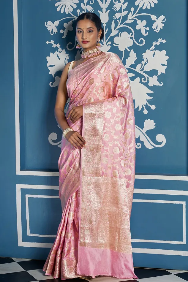 Teejh Aarhna Light Pink Banarasi Semi Georgette Jaal Weaving Saree Teejh Necklaces Teejh Aarhna Light Pink Banarasi Semi Georgette Jaal Weaving Saree Teejh Necklaces