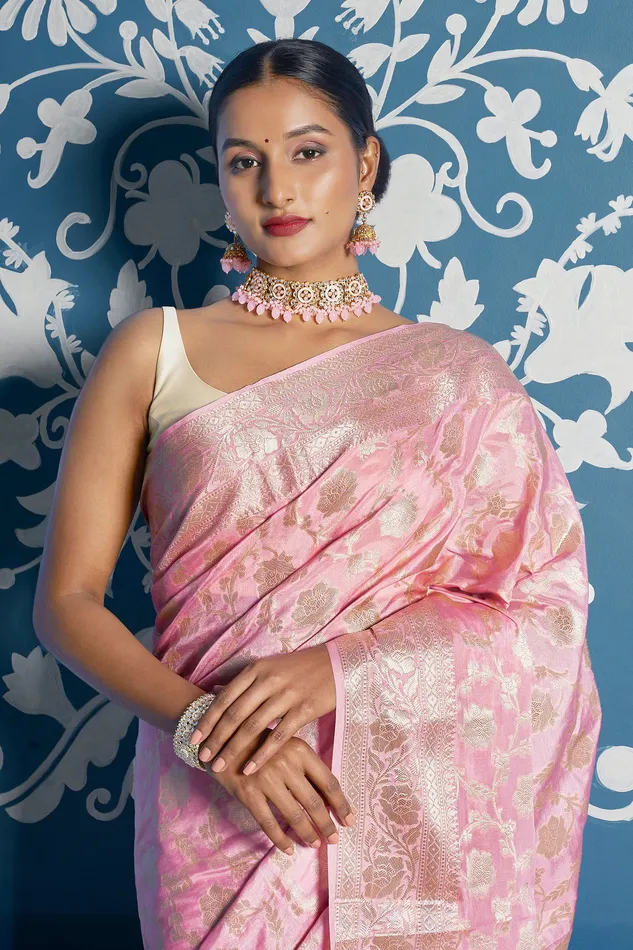 Teejh Aarhna Light Pink Banarasi Semi Georgette Jaal Weaving Saree Teejh Necklaces
