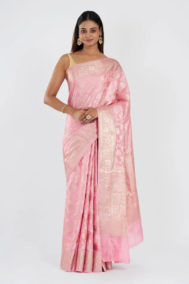 Teejh Aarhna Light Pink Banarasi Semi Georgette Jaal Weaving Saree Teejh Necklaces