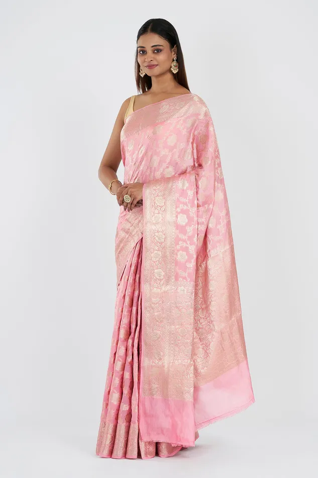 Teejh Aarhna Light Pink Banarasi Semi Georgette Jaal Weaving Saree Teejh Necklaces