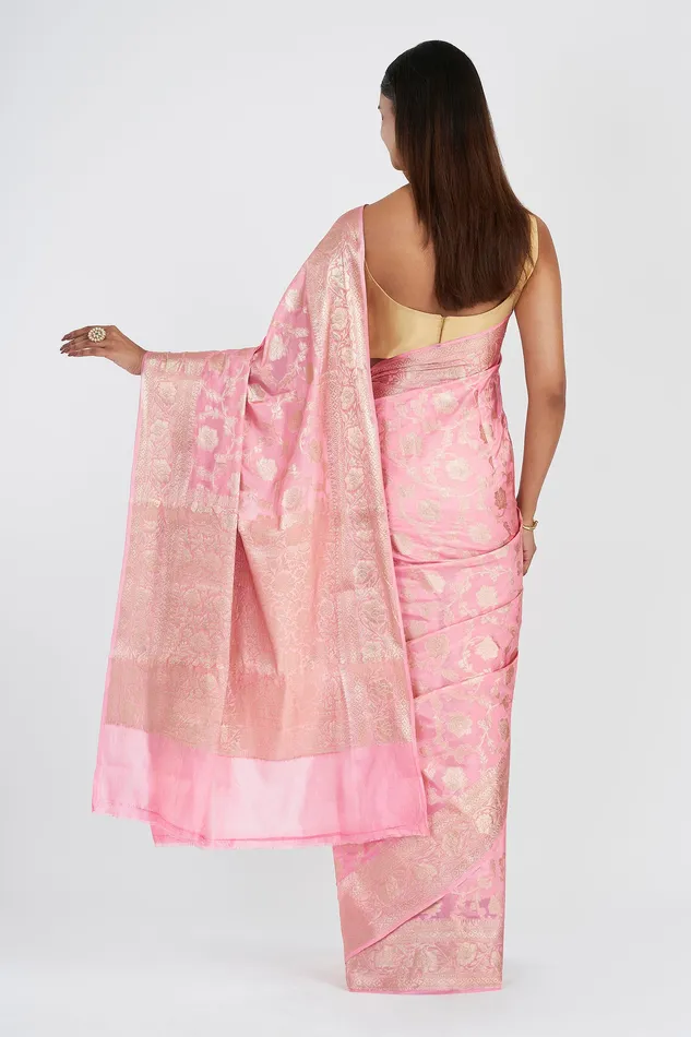 Teejh Aarhna Light Pink Banarasi Semi Georgette Jaal Weaving Saree Teejh Necklaces