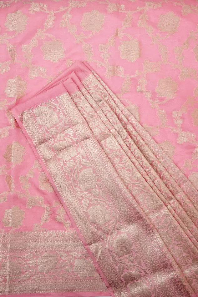 Teejh Aarhna Light Pink Banarasi Semi Georgette Jaal Weaving Saree Teejh Necklaces