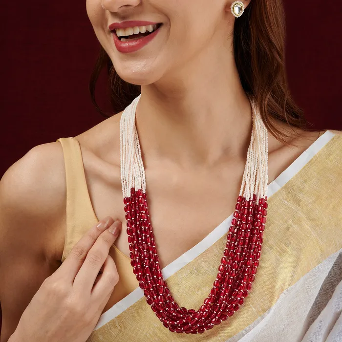 Teejh Bulbul Fuscia Pink Beaded Necklace Set Teejh Necklaces