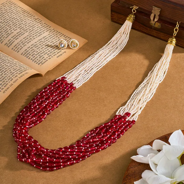 Teejh Bulbul Fuscia Pink Beaded Necklace Set Teejh Necklaces