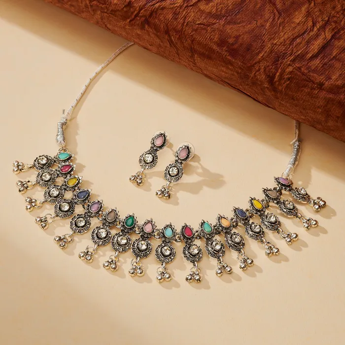 Teejh Dholi Taro Dhol Baaje Multicolored Silver Oxidised Necklace Set Teejh Necklaces Teejh Dholi Taro Dhol Baaje Multicolored Silver Oxidised Necklace Set Teejh Necklaces