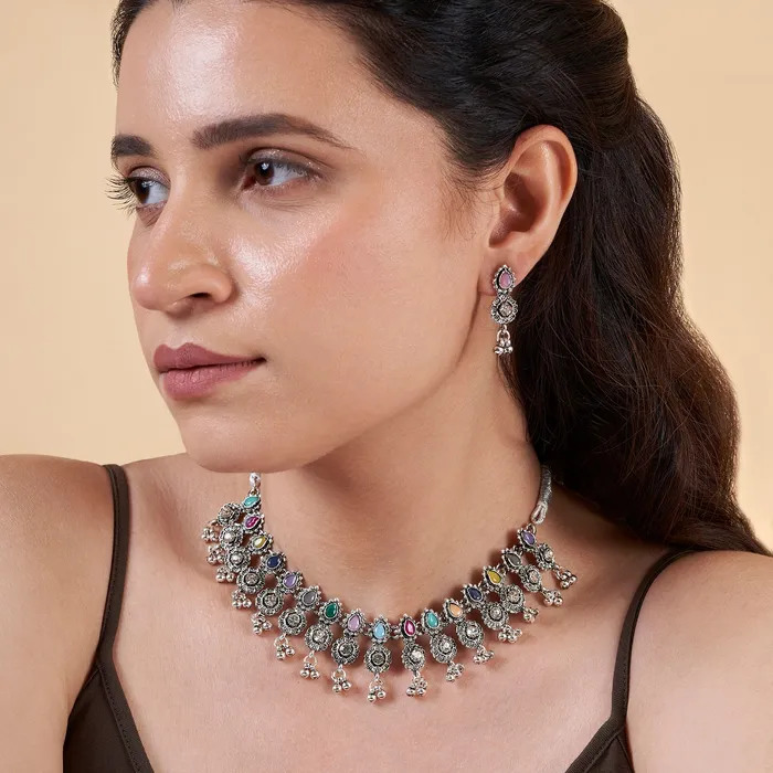 Teejh Dholi Taro Dhol Baaje Multicolored Silver Oxidised Necklace Set Teejh Necklaces