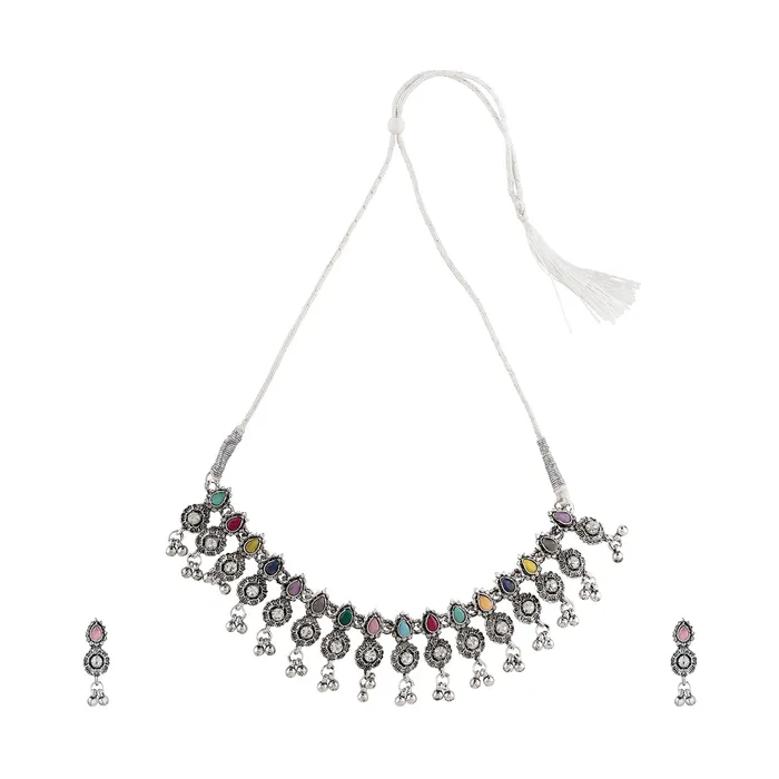 Teejh Dholi Taro Dhol Baaje Multicolored Silver Oxidised Necklace Set Teejh Necklaces