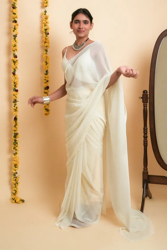 Teejh Earrings Teejh Farah Cream Georgette Ready to Drape Saree