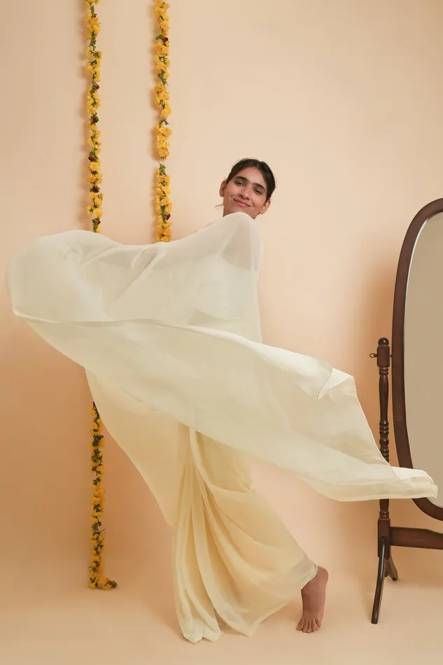 Teejh Earrings Teejh Farah Cream Georgette Ready to Drape Saree