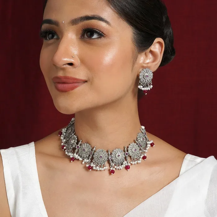 Teejh Necklaces Teejh Kashibai Silver Oxidised Necklace Set