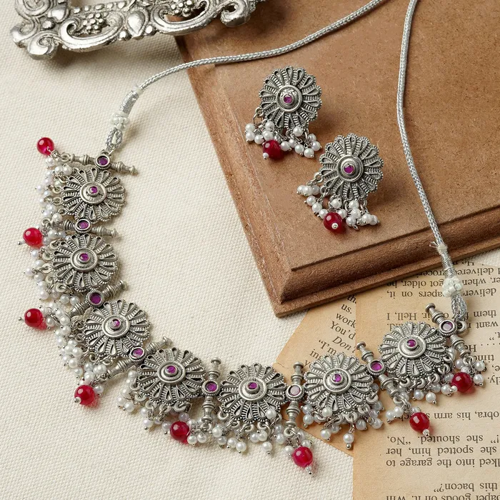 Teejh Necklaces Teejh Kashibai Silver Oxidised Necklace Set