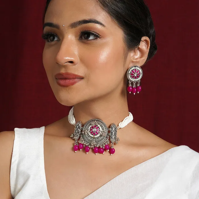 Teejh Necklaces Teejh Satyavati Silver Oxidised Ruby Necklace Set