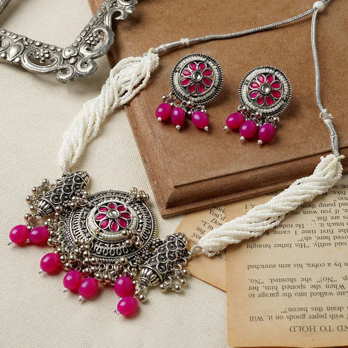 Teejh Necklaces Teejh Satyavati Silver Oxidised Ruby Necklace Set