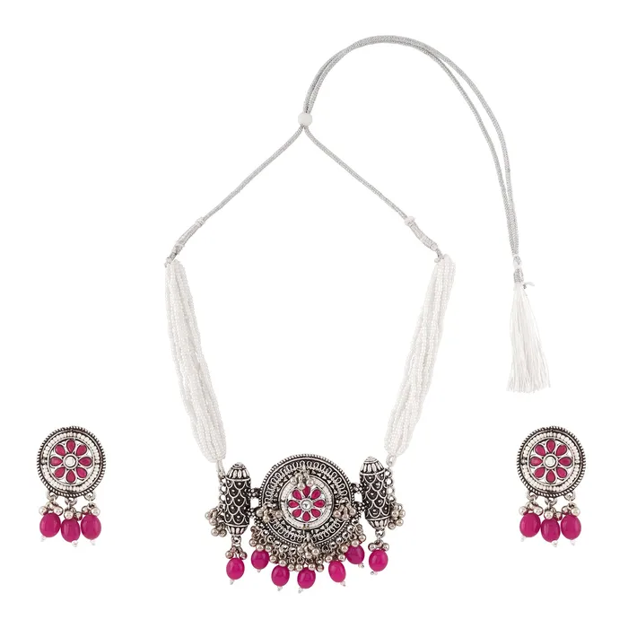 Teejh Necklaces Teejh Satyavati Silver Oxidised Ruby Necklace Set