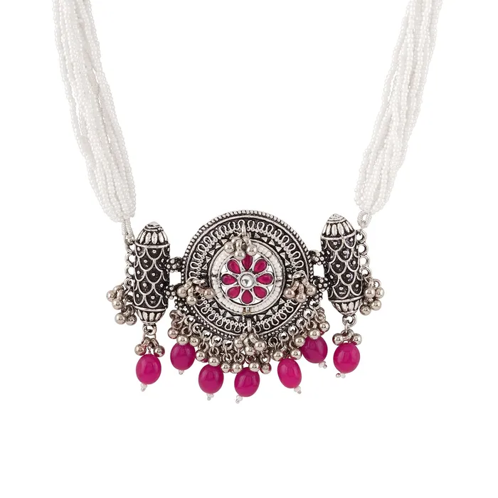 Teejh Necklaces Teejh Satyavati Silver Oxidised Ruby Necklace Set