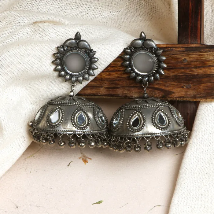 Teejh Rings Teejh Saiyra Silver Oxidised Mirror Jhumkis