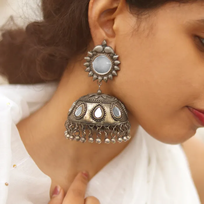 Teejh Rings Teejh Saiyra Silver Oxidised Mirror Jhumkis