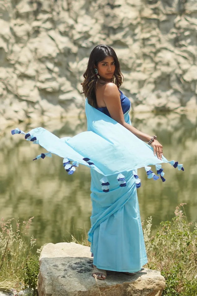 Teejh Vanilla and Berry Light Blue and Royal Blue Mulmul Saree Teejh Necklaces Teejh Vanilla and Berry Light Blue and Royal Blue Mulmul Saree Teejh Necklaces