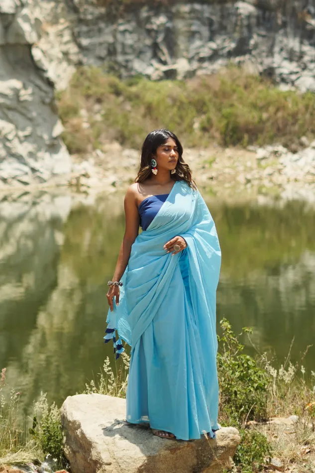 Teejh Vanilla and Berry Light Blue and Royal Blue Mulmul Saree Teejh Necklaces