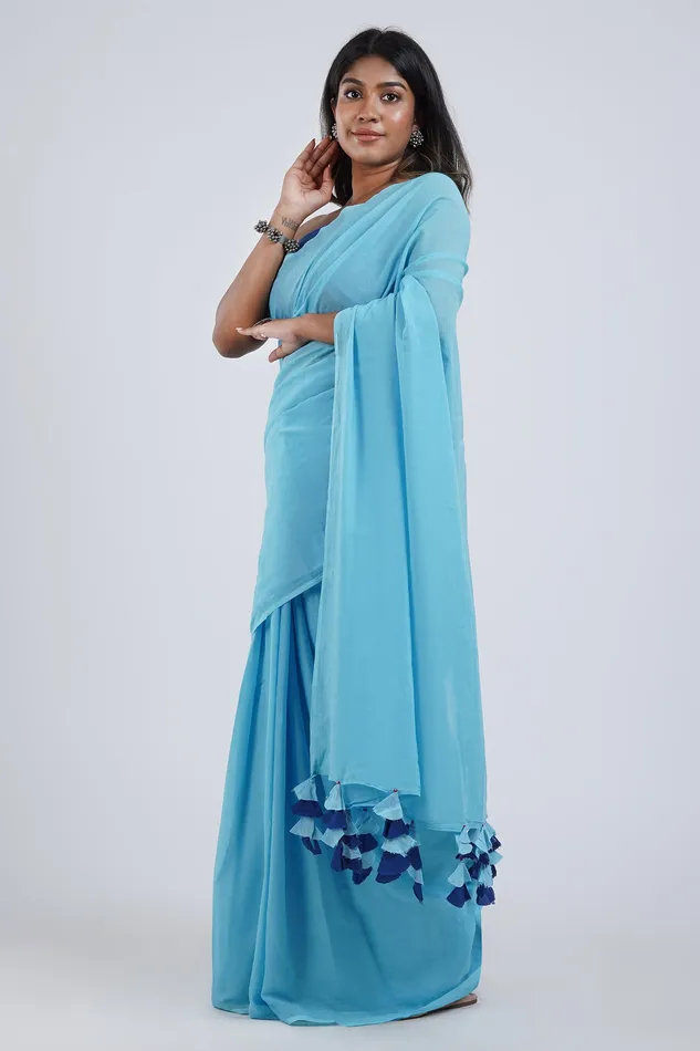 Teejh Vanilla and Berry Light Blue and Royal Blue Mulmul Saree Teejh Necklaces