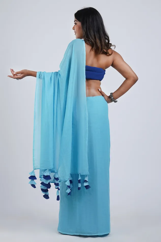 Teejh Vanilla and Berry Light Blue and Royal Blue Mulmul Saree Teejh Necklaces