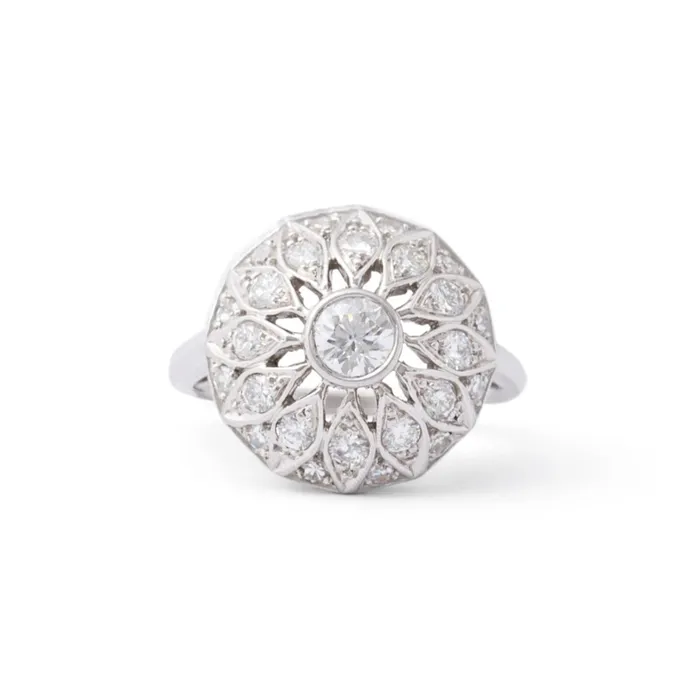 Vintage Floral Diamond and Platinum Dome Ring Rings