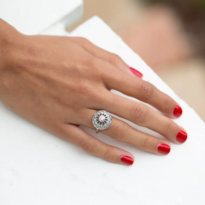 Vintage Floral Diamond and Platinum Dome Ring Rings