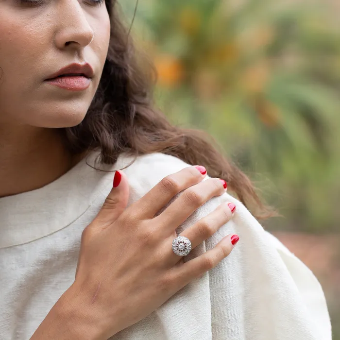 Vintage Floral Diamond and Platinum Dome Ring Rings
