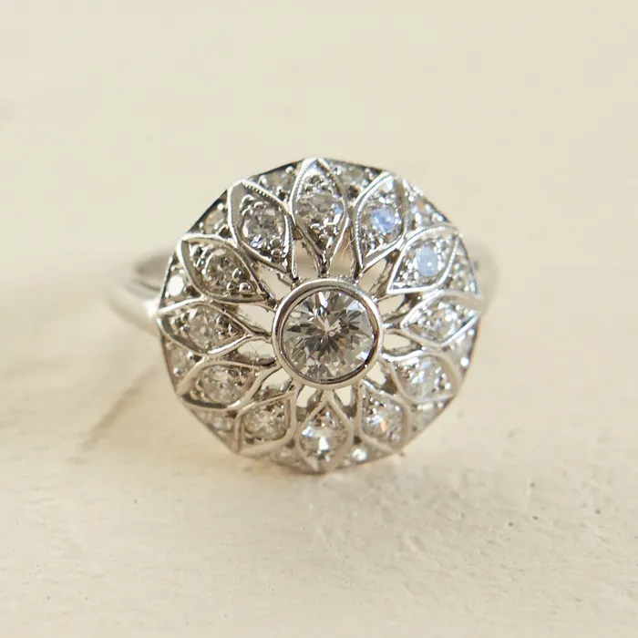 Vintage Floral Diamond and Platinum Dome Ring Rings
