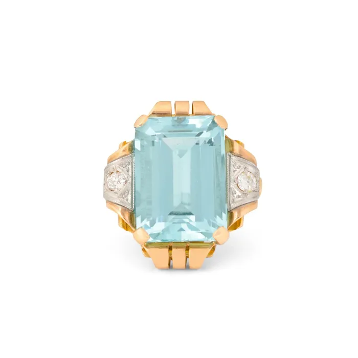 Vintage Large Retro Aquamarine Diamond 14K Gold and Platinum Ring Rings