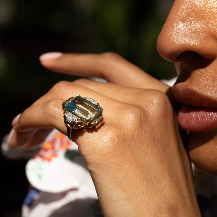 Vintage Large Retro Aquamarine Diamond 14K Gold and Platinum Ring Rings