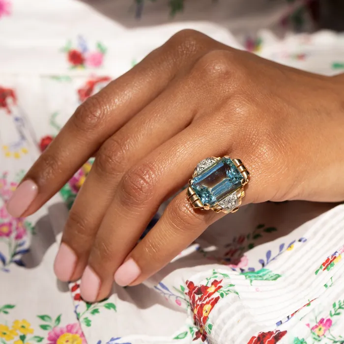 Vintage Large Retro Aquamarine Diamond 14K Gold and Platinum Ring Rings