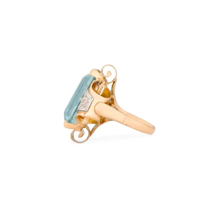 Vintage Large Retro Aquamarine Diamond 14K Gold and Platinum Ring Rings