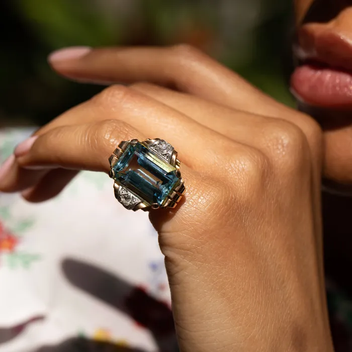 Vintage Large Retro Aquamarine Diamond 14K Gold and Platinum Ring Rings