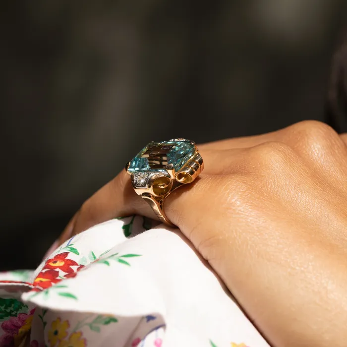 Vintage Large Retro Aquamarine Diamond 14K Gold and Platinum Ring Rings