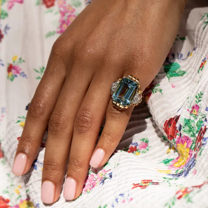 Vintage Large Retro Aquamarine Diamond 14K Gold and Platinum Ring Rings
