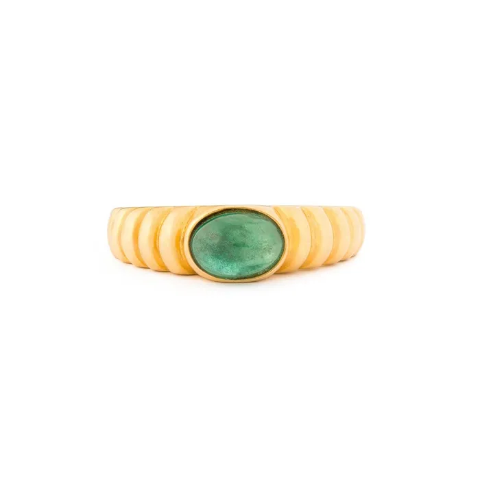 Vintage Rings Emerald Cabochon And 14k Ribbed Gold Ring