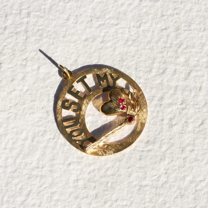Vintage You Set My Heart On Fire 14k Gold Charm Earrings