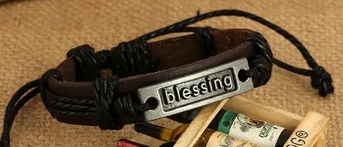 01 B509 Black Cord Brown Leather Blessing Bracelet Bracelets
