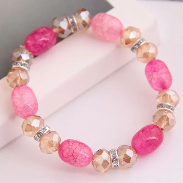 01 Bracelets B569 Pink Crackle Stone with Gems Bracelet