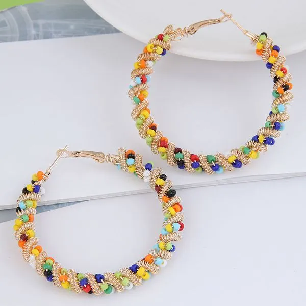 01 E24 Gold Hoop Multi Color Beads Earrings Earrings