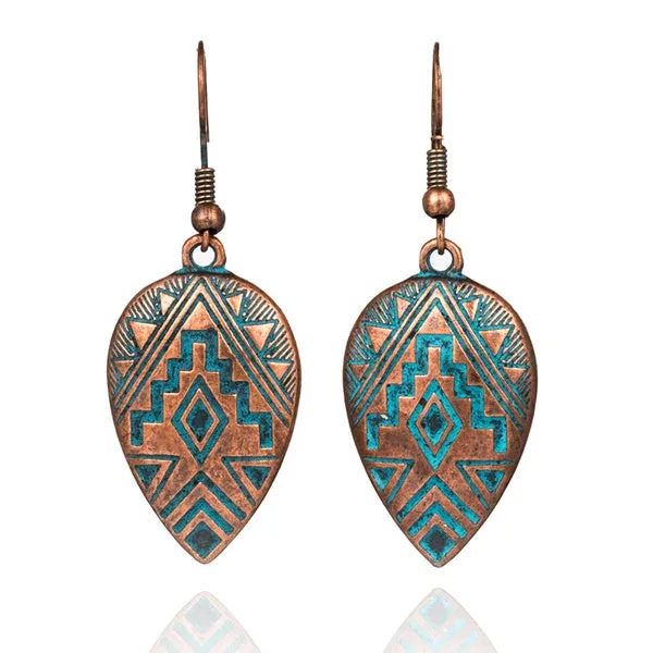 01 Earrings E1673 Bronze Aztec Design Teardrop Earrings