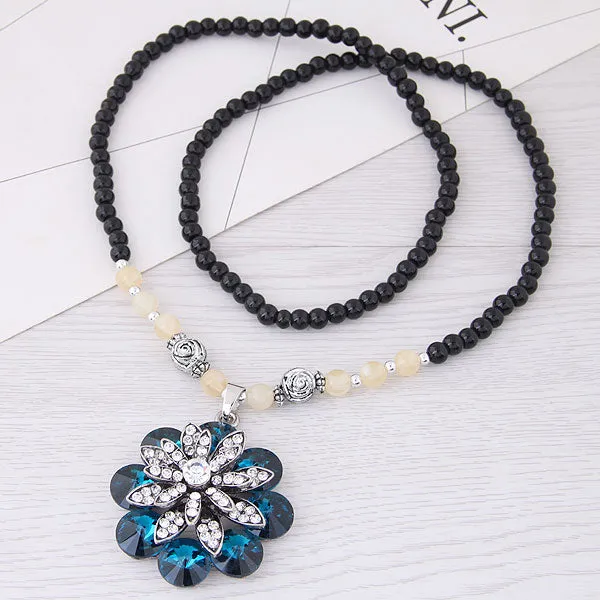 01 N1135 Silver Crystal Blue Gem Flower Beaded Necklace with FREE Earrings Necklaces