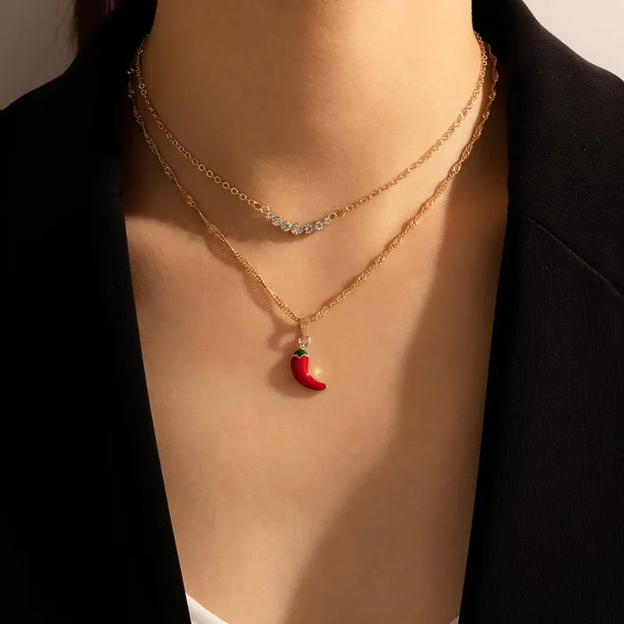 01 N135 Gold Red Hot Pepper Rhinestone Layered Necklace with FREE Earrings Necklaces