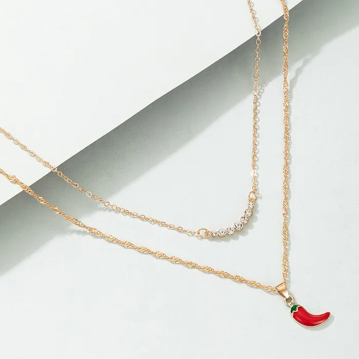 01 N135 Gold Red Hot Pepper Rhinestone Layered Necklace with FREE Earrings Necklaces