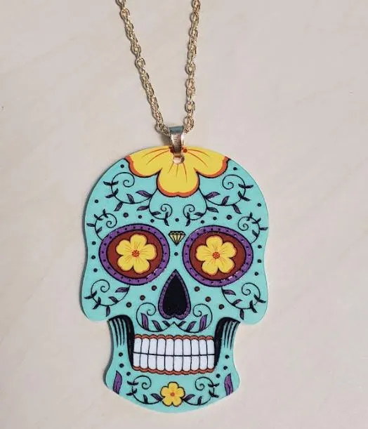 01 Necklaces N1693 Mint Green Sugar Skull Acrylic Long Necklace with FREE Earrings