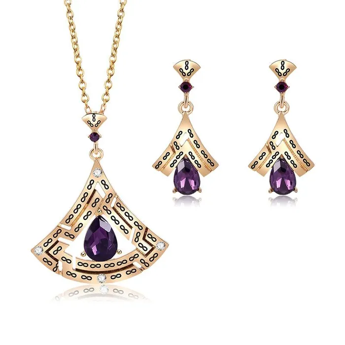 01 Necklaces N2096 Gold Geometric Purple Gem Necklace With Free Earrings