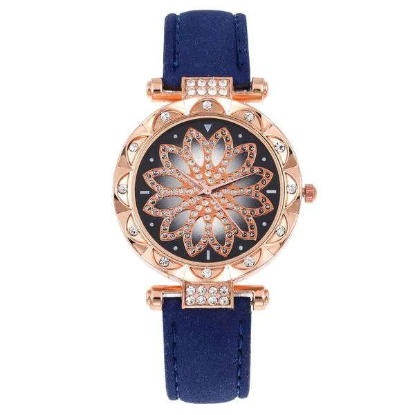 01 W121 Navy Blue Band Elegant Flower Collection Quartz Watch Rings