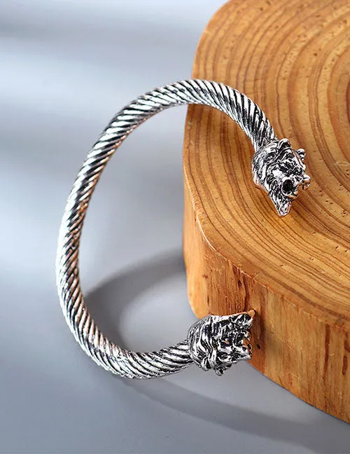 02 Bracelets B855 Silver Lion Head Spiral Cuff Bracelet