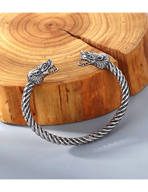 02 Bracelets B859 Silver Dragon Head Spiral Cuff Bracelet